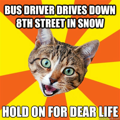 Bus driver drives down 8th street in snow Hold on for dear life  - Bus driver drives down 8th street in snow Hold on for dear life   Bad Advice Cat