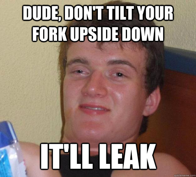 dude, don't tilt your fork upside down it'll leak  10 Guy