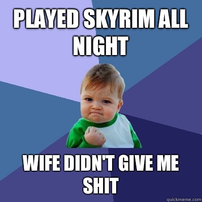 Played Skyrim all night Wife didn't give me shit  Success Kid