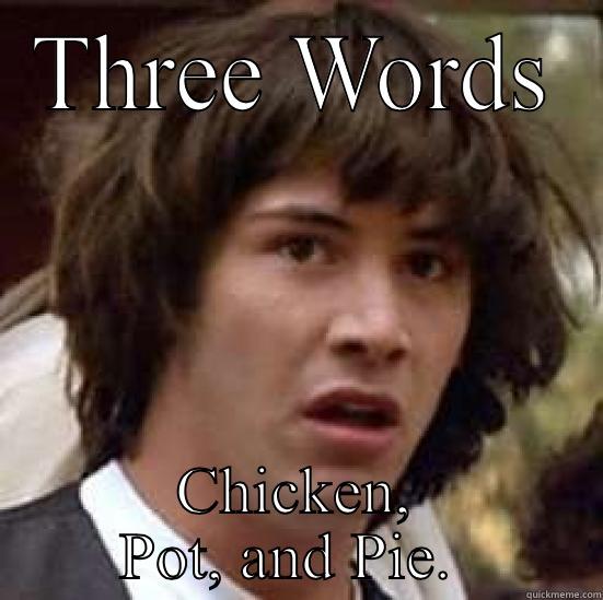 THREE WORDS CHICKEN, POT, AND PIE.  conspiracy keanu