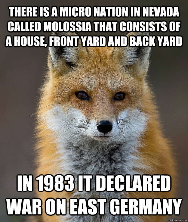 There is a micro nation in Nevada called Molossia that consists of a house, front yard and back yard in 1983 it declared war on east germany  Fun Fact Fox