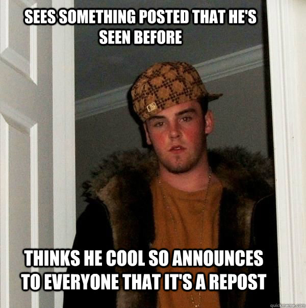 Sees something posted that he's seen before thinks he cool so announces to everyone that it's a repost  