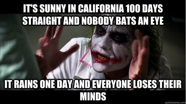 it's sunny in california 100 days straight and nobody bats an eye it rains one day and everyone loses their minds  Joker Mind Loss