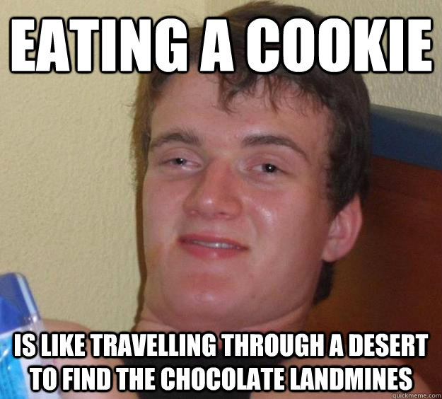 Eating a cookie is like travelling through a desert to find the chocolate landmines  10 Guy