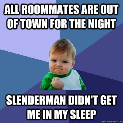 All roommates are out of town for the night  Slenderman didn't get me in my sleep  Success Kid