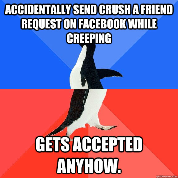 Accidentally send crush a friend request on Facebook while creeping Gets accepted anyhow.  Socially Awkward Awesome Penguin