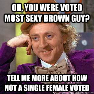 Oh, you were voted most sexy brown guy? Tell me more about how not a single female voted  Condescending Wonka