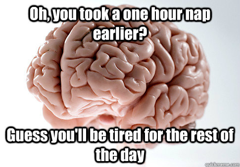 Oh, you took a one hour nap earlier? Guess you'll be tired for the rest of the day   Scumbag Brain