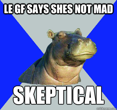 le gf says shes not mad skeptical  Skeptical Hippo