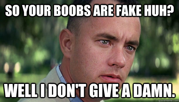 So your boobs are fake huh? Well i don't give a damn.  Offensive Forrest Gump