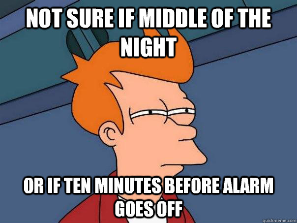 Not sure if middle of the night or if ten minutes before alarm goes off  Futurama Fry