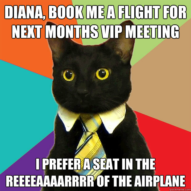 Diana, Book me a flight for next months VIP meeting  I prefer a seat in the reeeeaaaarrrr of the airplane   Business Cat