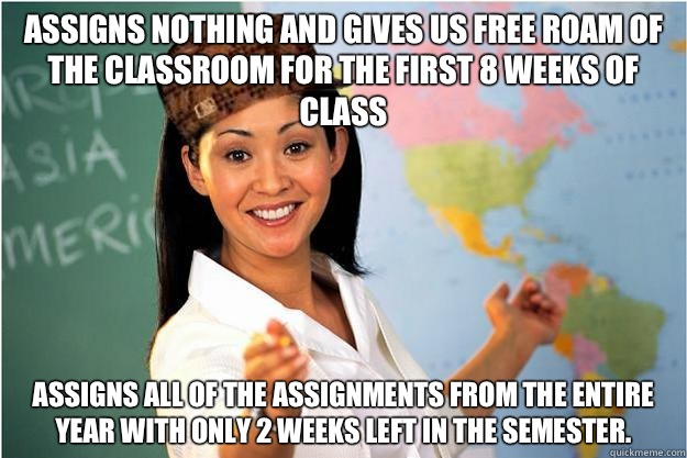 Assigns nothing and gives us free roam of the classroom for the first 8 weeks of class Assigns all of the assignments from the entire year with only 2 weeks left in the semester.   Scumbag Teacher