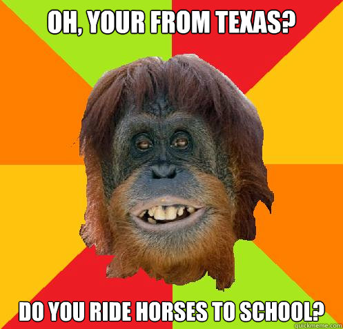 oh, your from Texas? Do you ride horses to school? 
  Culturally Oblivious Orangutan