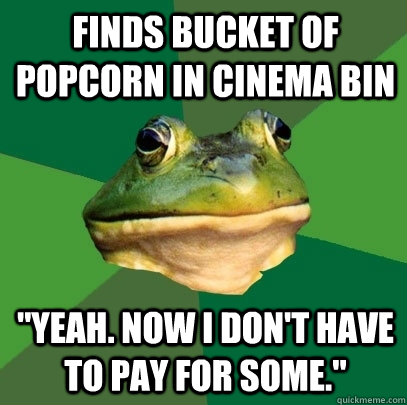 finds bucket of popcorn in cinema bin 