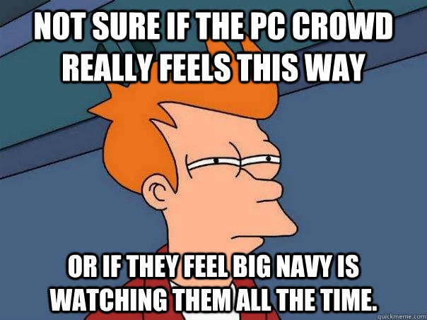 Not sure if the PC crowd really feels this way Or if they feel Big Navy is watching them all the time.  Futurama Fry