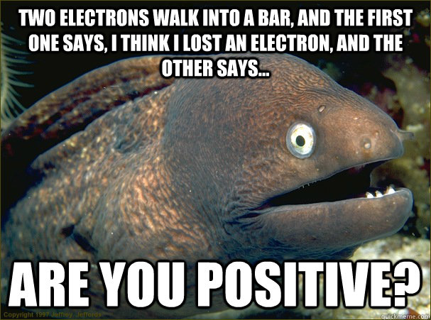 Two electrons walk into a bar, and the first one says, i think i lost an electron, and the other says...  ARE YOU POSITIVE?  Bad Joke Eel