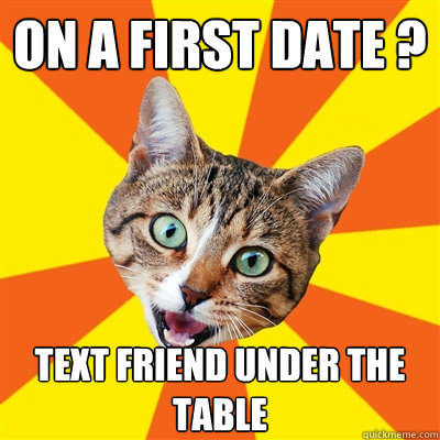 on a first date ? text friend under the table  Bad Advice Cat