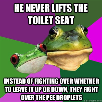 he never lifts the toilet seat instead of fighting over whether to leave it up or down, they fight over the pee droplets  Foul Frog Couple