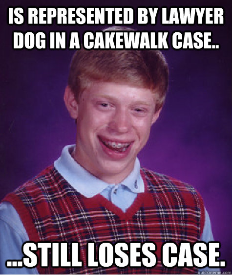 Is represented by lawyer dog in a cakewalk case.. ...still loses case.  Bad Luck Brian