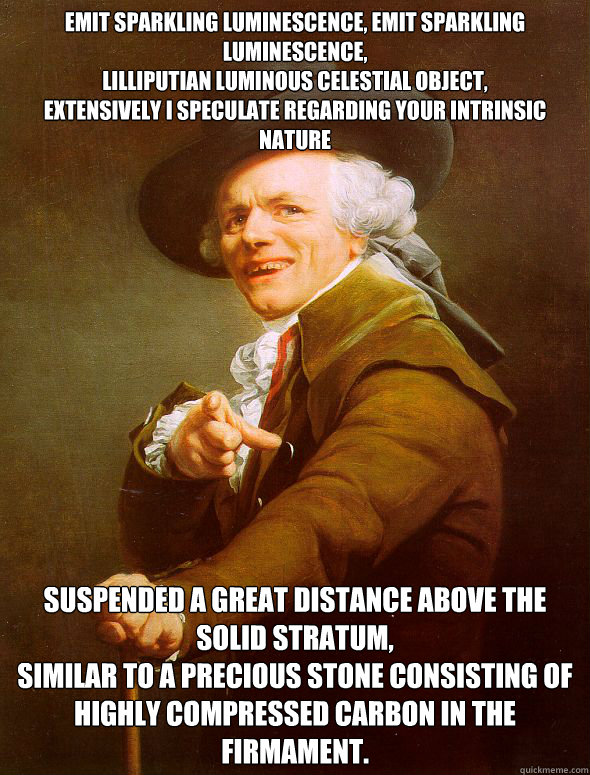 Emit sparkling luminescence, emit sparkling luminescence,
Lilliputian luminous celestial object,
Extensively I speculate regarding your intrinsic nature Suspended a great distance above the solid stratum,
Similar to a precious stone consisting of highly c  Joseph Ducreux