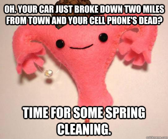 Oh. your car just broke down two miles from town and your cell phone's dead? Time for some spring cleaning.  Scumbag Uterus