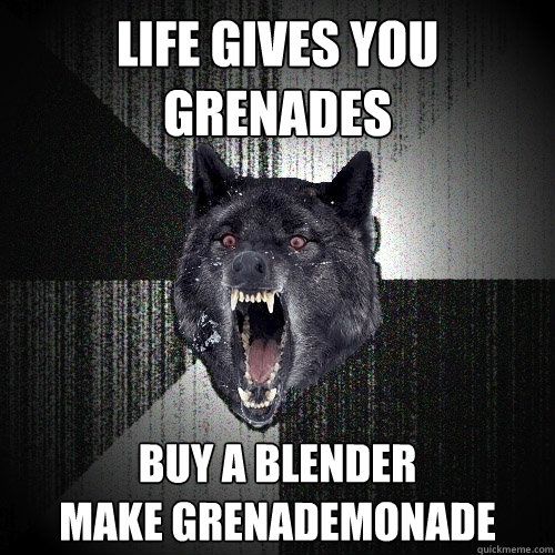 life gives you grenades buy a blender
make grenademonade - life gives you grenades buy a blender
make grenademonade  Insanity Wolf