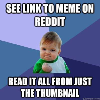 see link to meme on reddit read it all from just the thumbnail  Success Kid