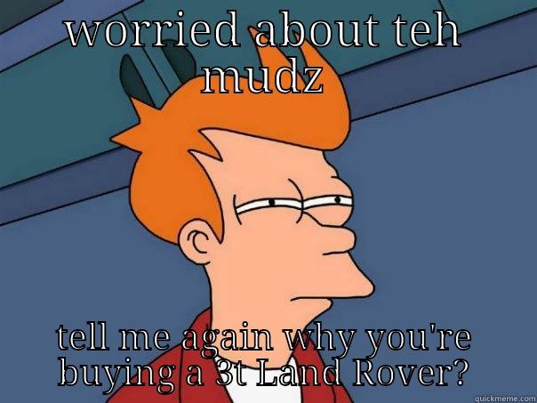 WORRIED ABOUT TEH MUDZ TELL ME AGAIN WHY YOU'RE BUYING A 3T LAND ROVER? Futurama Fry