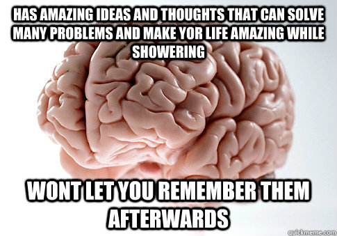 has amazing ideas and thoughts that can solve many problems and make yor life amazing while showering wont let you remember them afterwards  Scumbag Brain