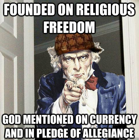 Founded on religious freedom God mentioned on currency and in Pledge of allegiance  