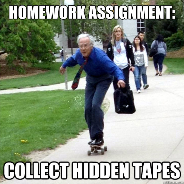 homework assignment: collect hidden tapes  Skating Prof