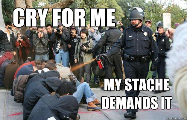 Cry for me my stache demands it  Pimp Pepper Spray Cop