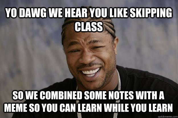 YO DAWG WE HEAR YOU LIKE SKIPPING CLASS SO WE COMBINED SOME NOTES WITH A MEME SO YOU CAN LEARN WHILE YOU LEARN - YO DAWG WE HEAR YOU LIKE SKIPPING CLASS SO WE COMBINED SOME NOTES WITH A MEME SO YOU CAN LEARN WHILE YOU LEARN  Xzibit meme