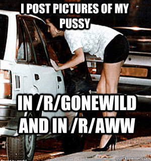 I post pictures of my pussy in /r/gonewild and in /r/aww   Karma Whore