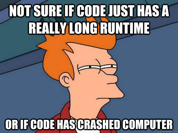 Not sure if code just has a really long runtime Or if code has crashed computer  Futurama Fry