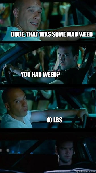 dude, that was some mad weed you had weed? 10 lbs  Fast and Furious