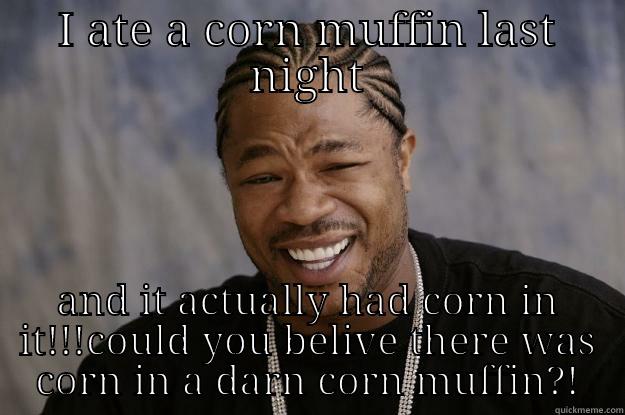 I ATE A CORN MUFFIN LAST NIGHT AND IT ACTUALLY HAD CORN IN IT!!!COULD YOU BELIVE THERE WAS CORN IN A DARN CORN MUFFIN?! Xzibit meme