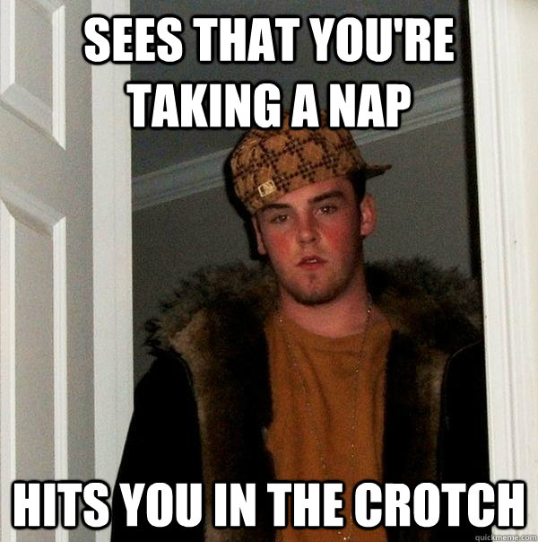 Sees that you're taking a nap hits you in the crotch  Scumbag Steve