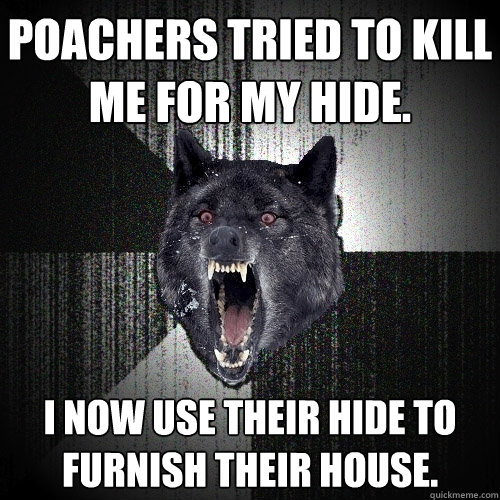 Poachers tried to kill me for my hide. I now use their hide to furnish their house.  Insanity Wolf