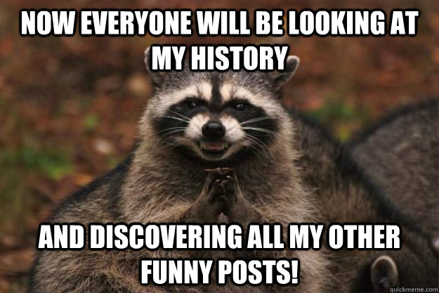 Now everyone will be looking at my history And discovering all my other funny posts! - Now everyone will be looking at my history And discovering all my other funny posts!  Evil Plotting Raccoon