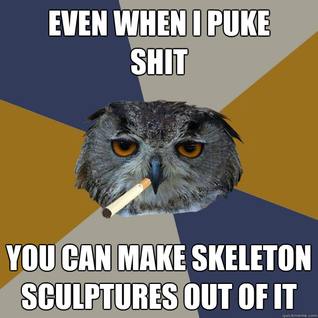 Even when i puke 
shit you can make skeleton sculptures out of it  Art Student Owl