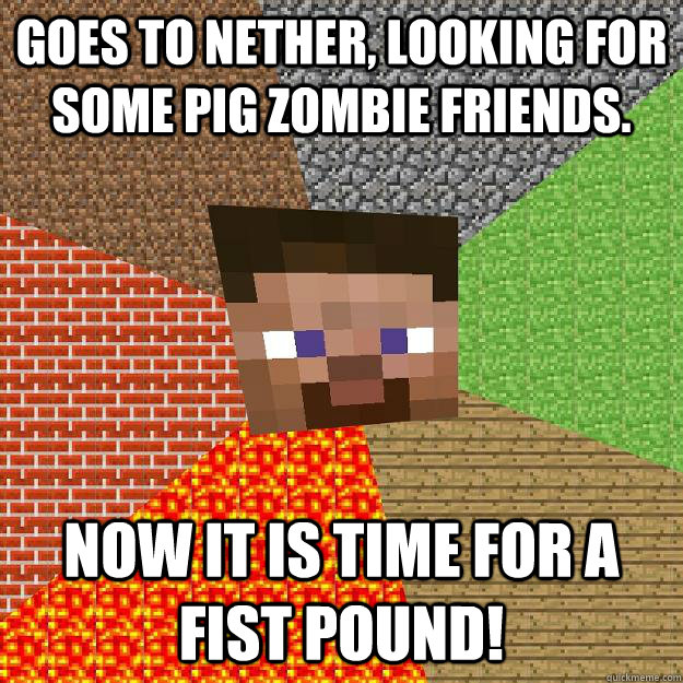 Goes to Nether, looking for some pig zombie friends. Now it is time for a fist pound!  Minecraft