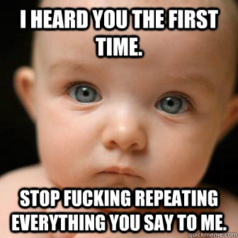 I heard you the first time. Stop fucking repeating everything you say to me.  Serious Baby