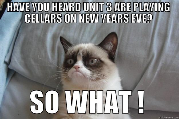 HAVE YOU HEARD UNIT 3 ARE PLAYING CELLARS ON NEW YEARS EVE? SO WHAT ! Grumpy Cat