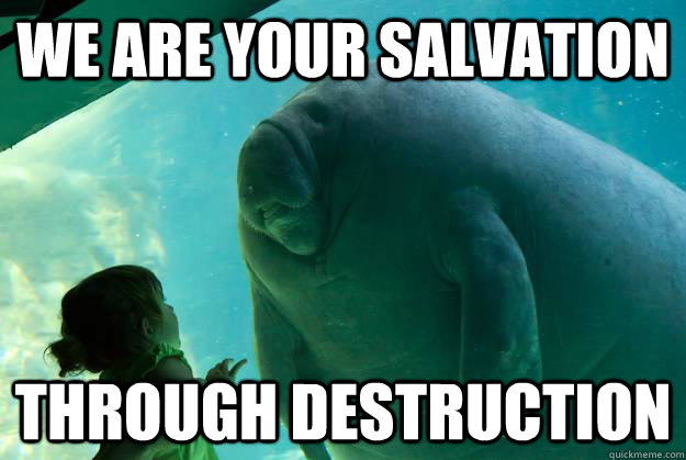 We are your salvation Through destruction  Overlord Manatee