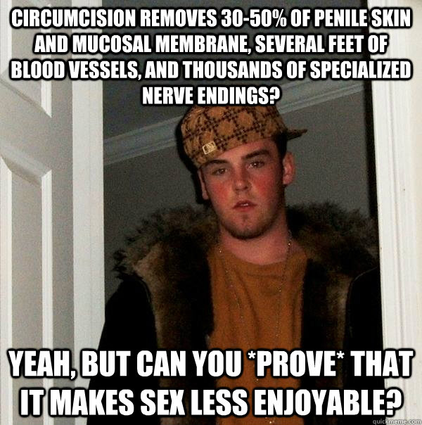 circumcision removes 30-50% of penile skin and mucosal membrane, several feet of blood vessels, and thousands of specialized nerve endings? yeah, but can you *prove* that it makes sex less enjoyable?  Scumbag Steve