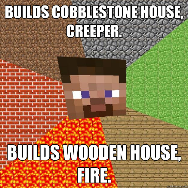 Builds Cobblestone house,
Creeper. Builds Wooden House,
Fire.  Minecraft