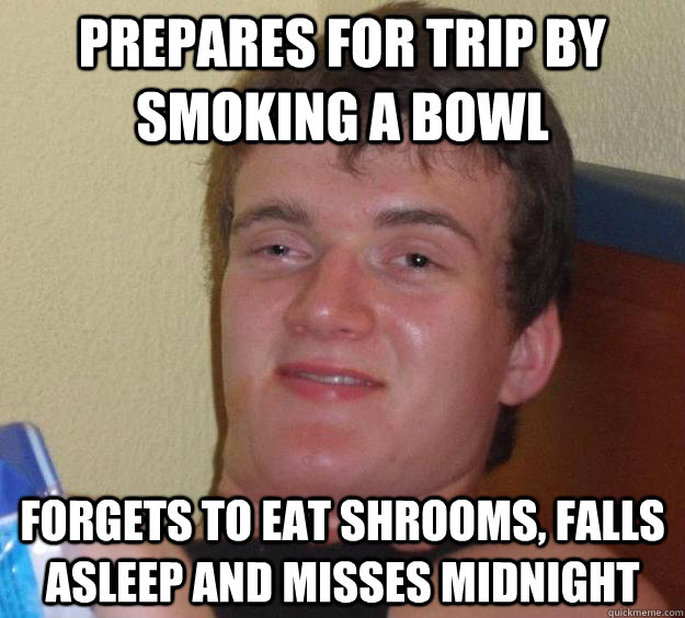 Prepares for trip by smoking a bowl forgets to eat shrooms, falls asleep and misses Midnight  10 Guy