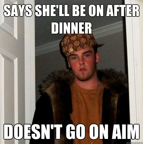 Says she'll be on after dinner Doesn't go on AIM - Says she'll be on after dinner Doesn't go on AIM  Scumbag Steve